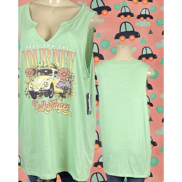 Volkswagen Torrid Plus 2 Green VW Bug Car Journey Graphic Split Neck Tank Top - Picture 1 of 5